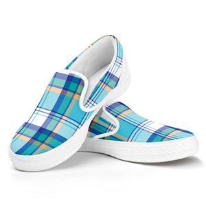 Blue Madras Pattern Print White Slip On Shoes