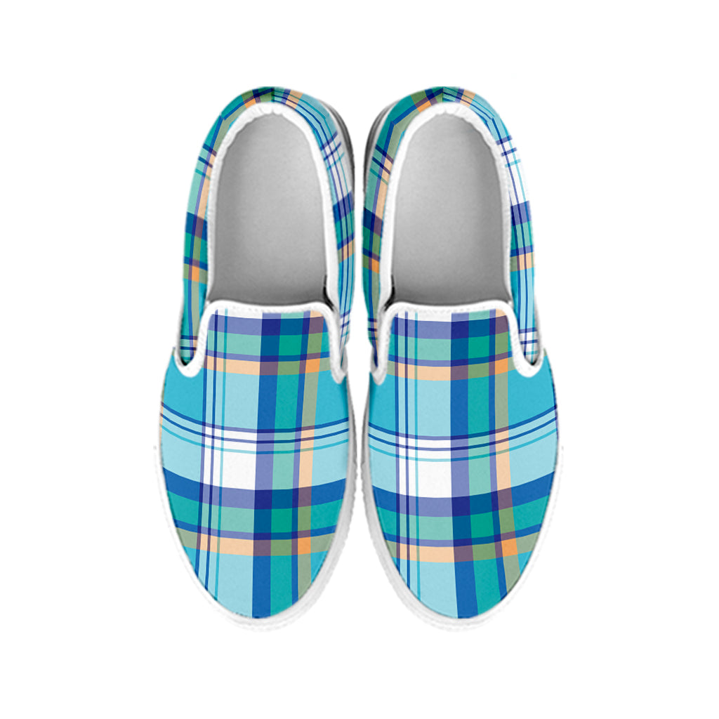 Blue Madras Pattern Print White Slip On Shoes