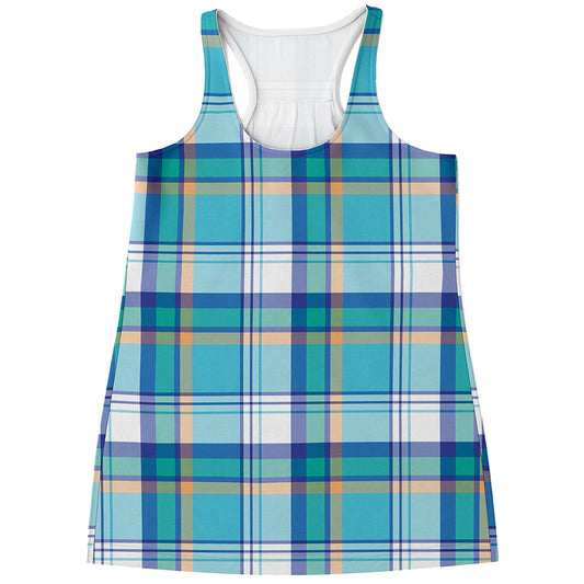 Blue Madras Pattern Print Women's Racerback Tank Top