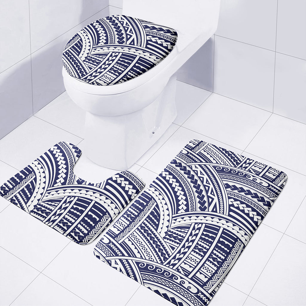 Blue Maori Polynesian Tattoo Print 3 Piece Bath Mat Set