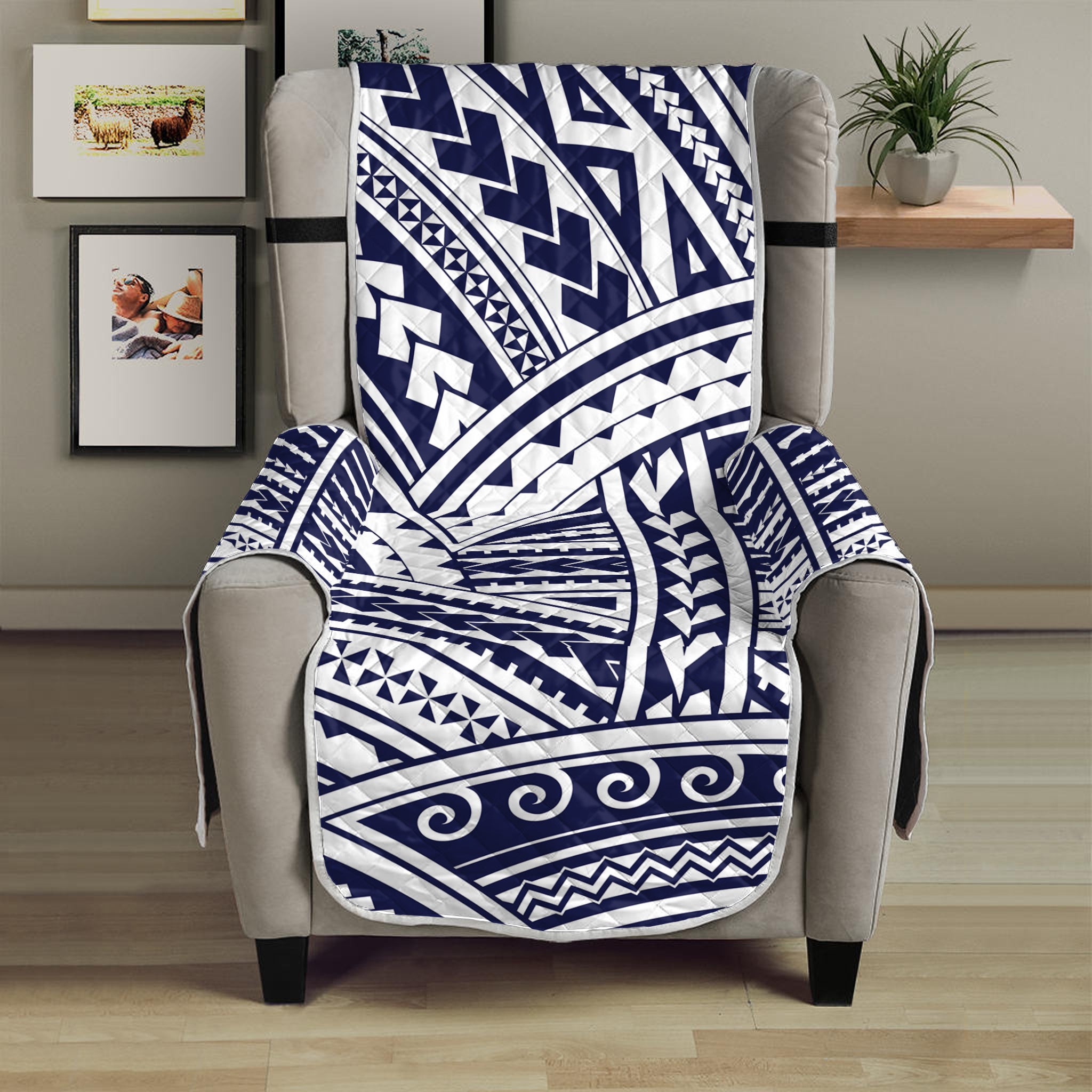 Blue Maori Polynesian Tattoo Print Armchair Protector