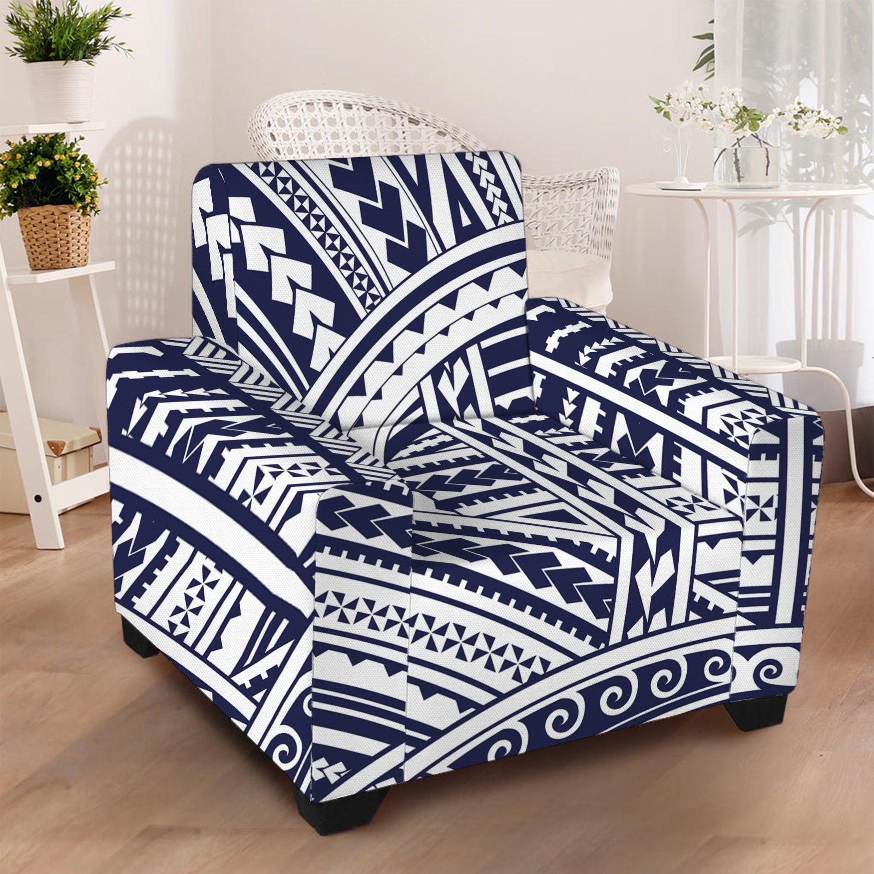 Blue Maori Polynesian Tattoo Print Armchair Slipcover