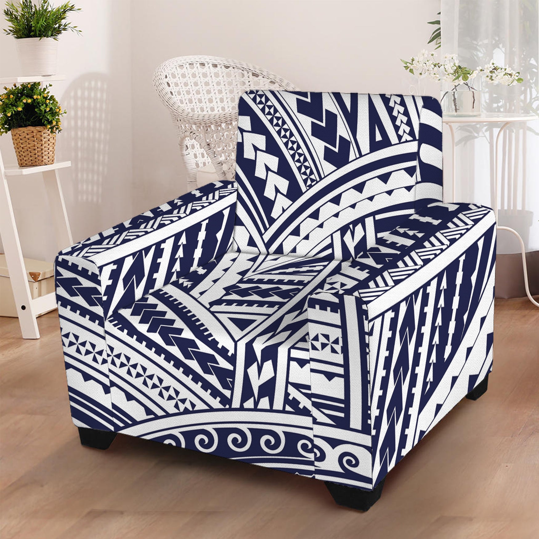 Blue Maori Polynesian Tattoo Print Armchair Slipcover