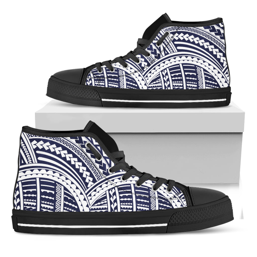 Blue Maori Polynesian Tattoo Print Black High Top Shoes