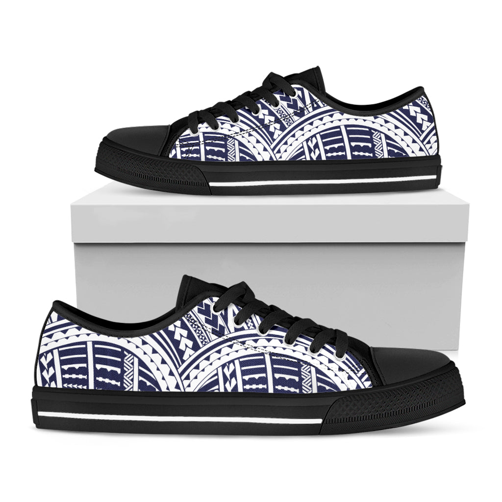 Blue Maori Polynesian Tattoo Print Black Low Top Shoes