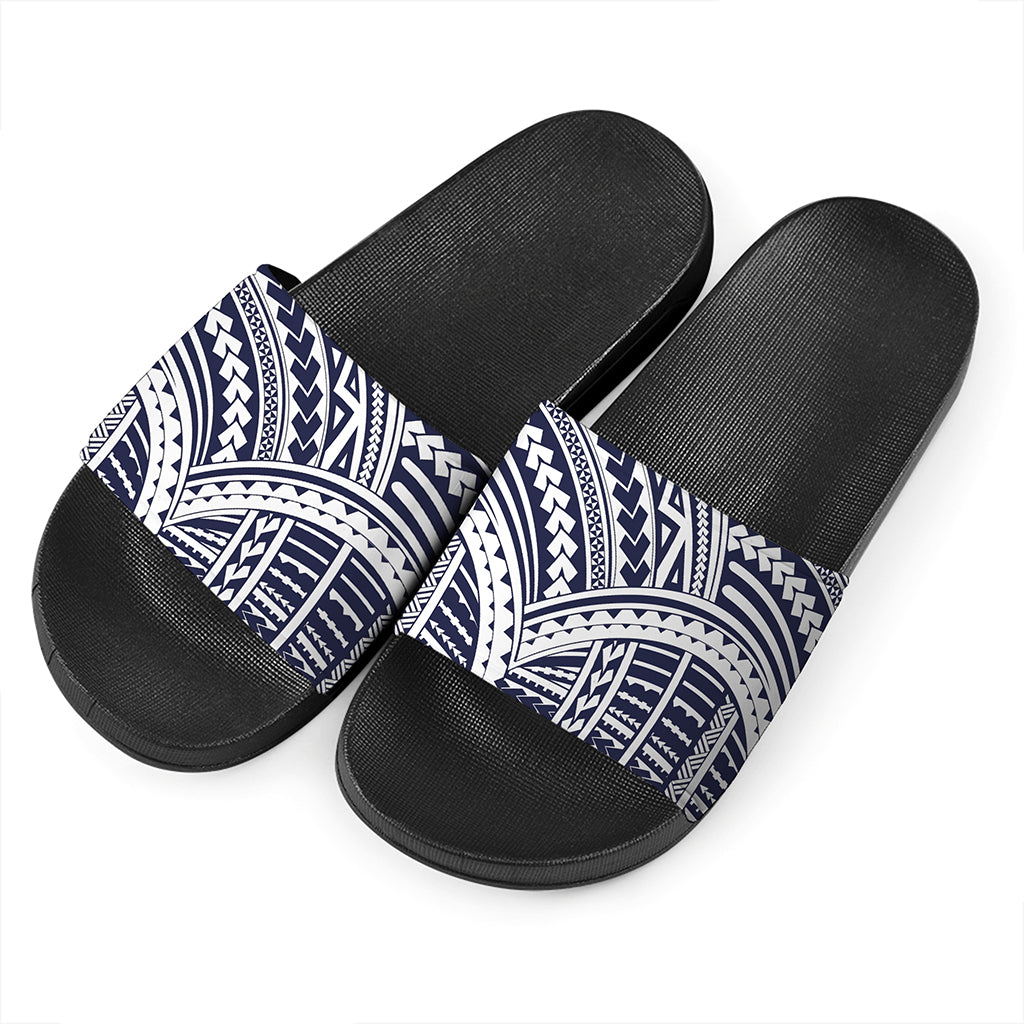 Blue Maori Polynesian Tattoo Print Black Slide Sandals