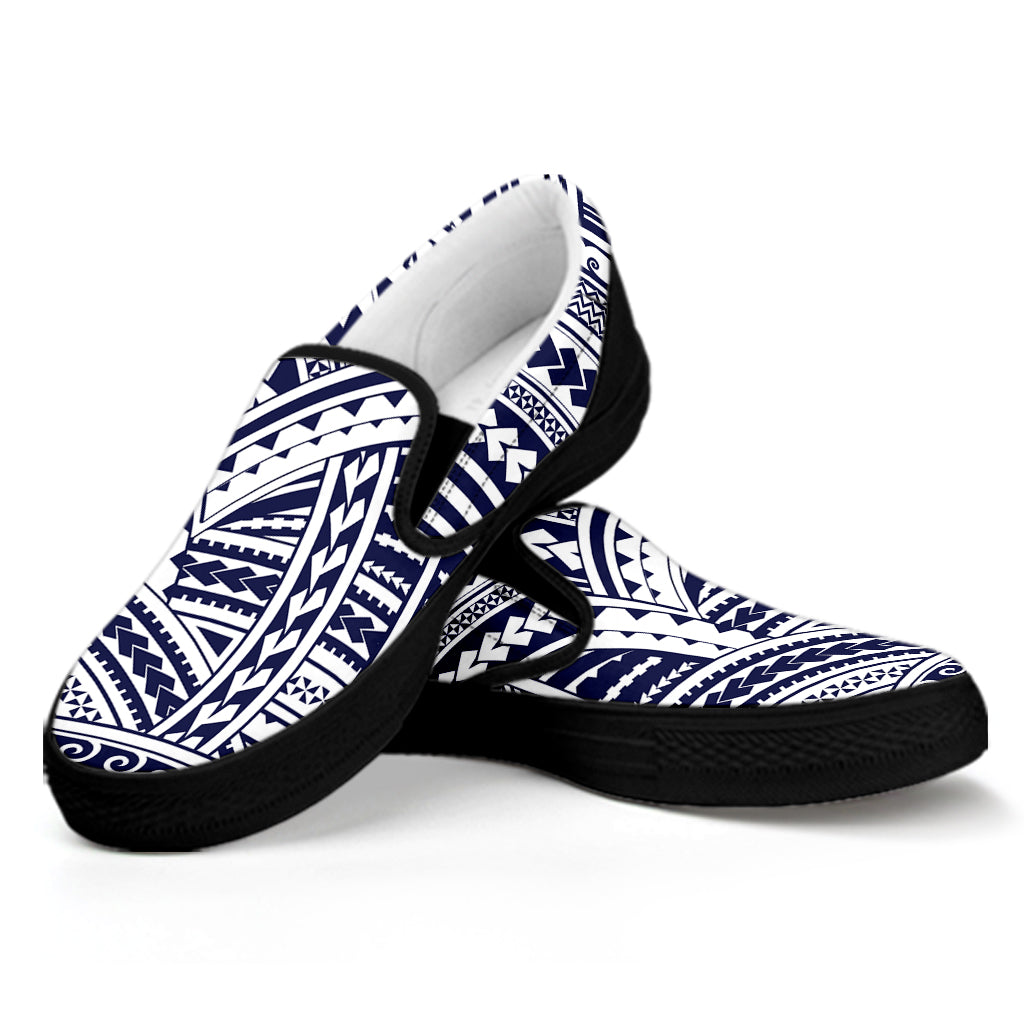 Blue Maori Polynesian Tattoo Print Black Slip On Shoes