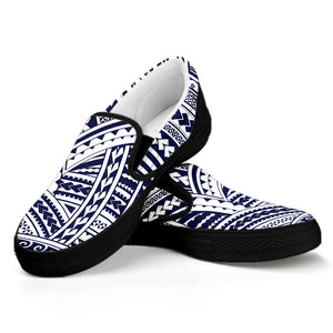 Blue Maori Polynesian Tattoo Print Black Slip On Shoes