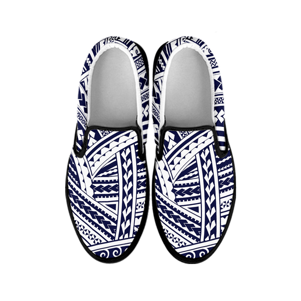 Blue Maori Polynesian Tattoo Print Black Slip On Shoes