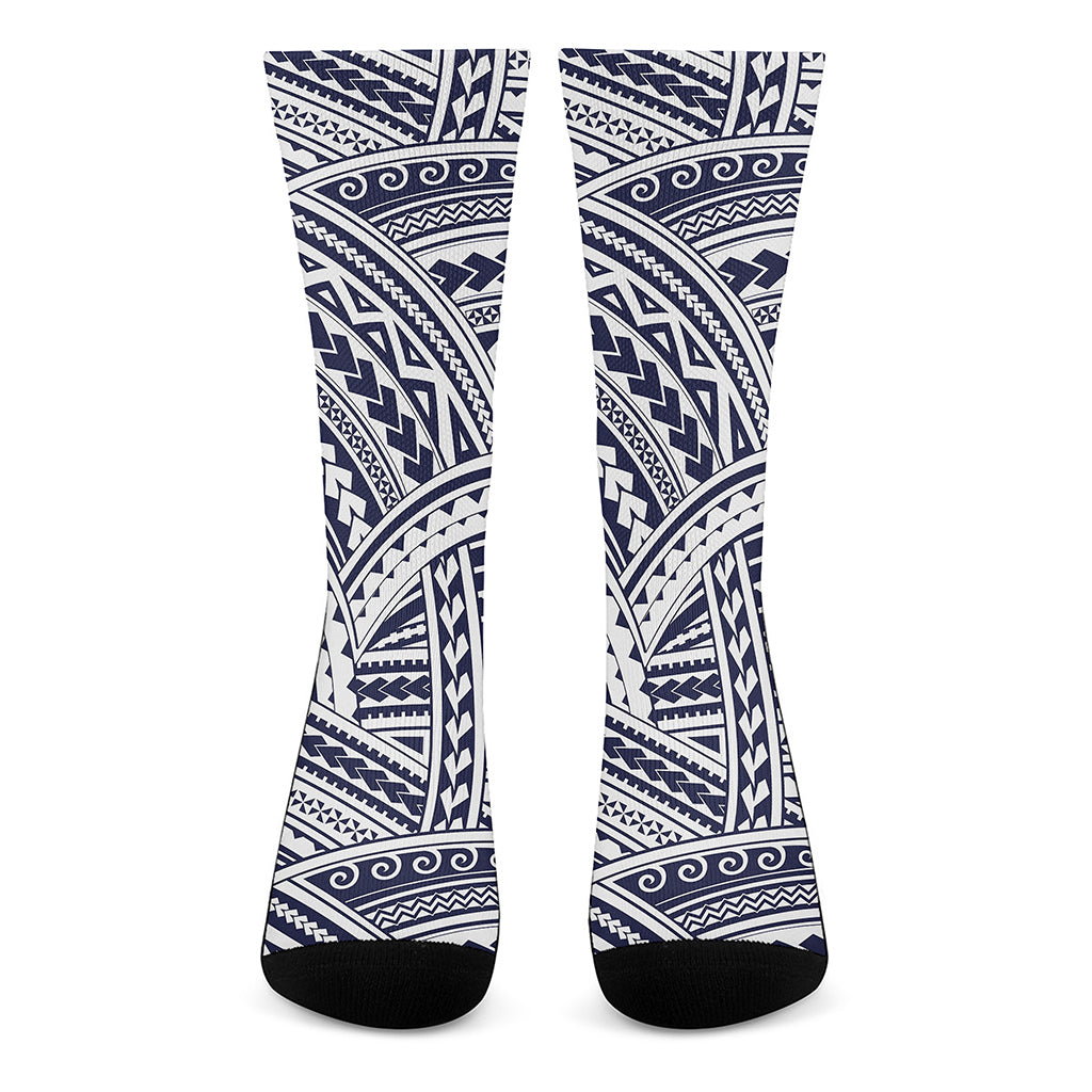 Blue Maori Polynesian Tattoo Print Crew Socks