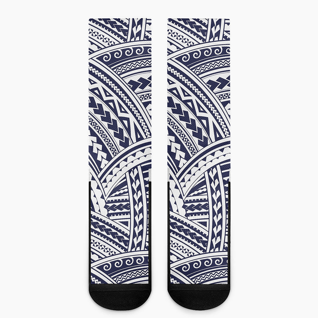 Blue Maori Polynesian Tattoo Print Crew Socks