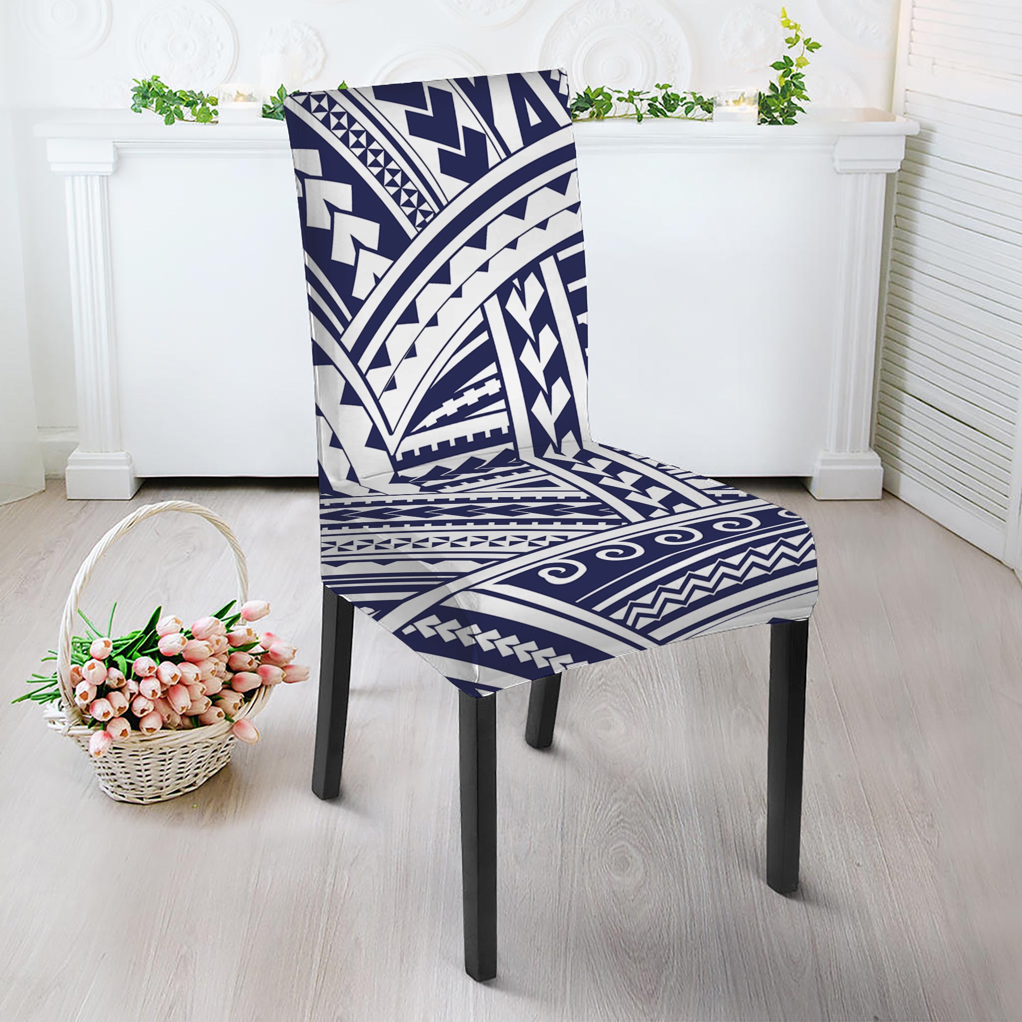 Blue Maori Polynesian Tattoo Print Dining Chair Slipcover