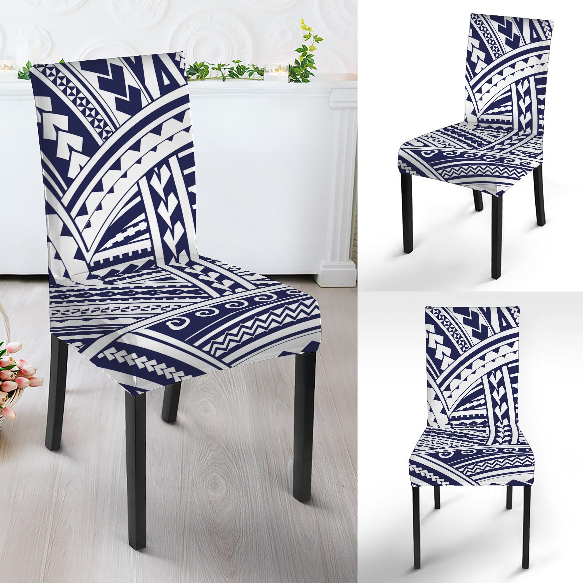 Blue Maori Polynesian Tattoo Print Dining Chair Slipcover