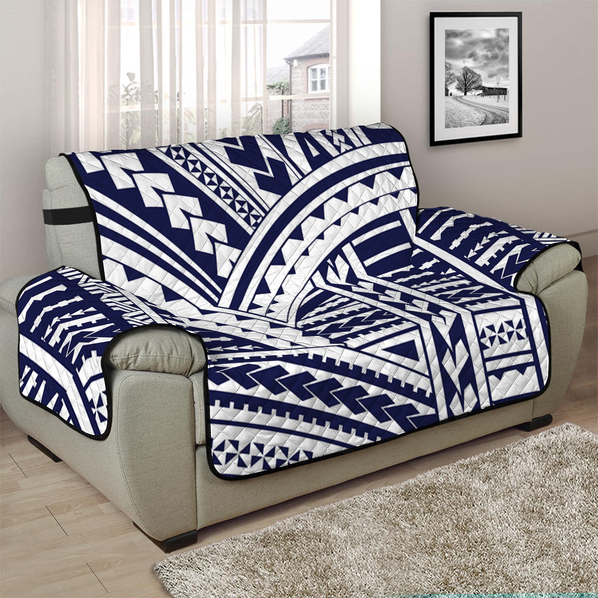 Blue Maori Polynesian Tattoo Print Half Sofa Protector