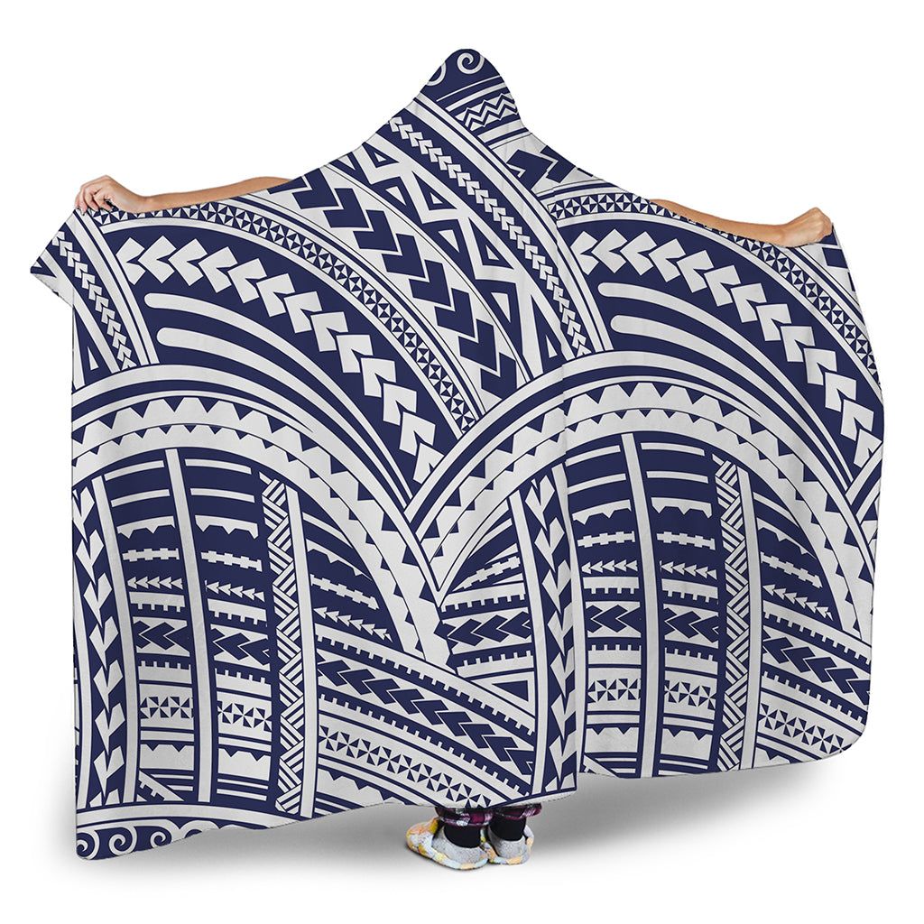 Blue Maori Polynesian Tattoo Print Hooded Blanket