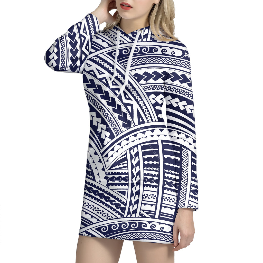 Blue Maori Polynesian Tattoo Print Hoodie Dress