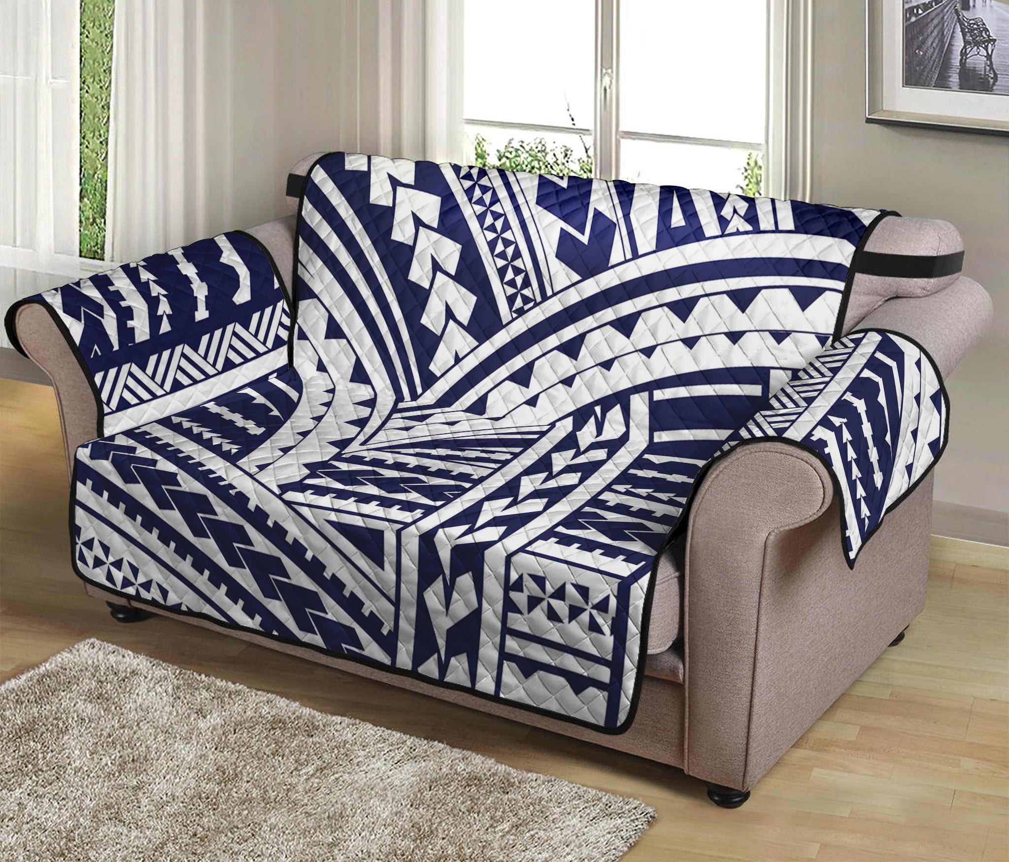 Blue Maori Polynesian Tattoo Print Loveseat Protector