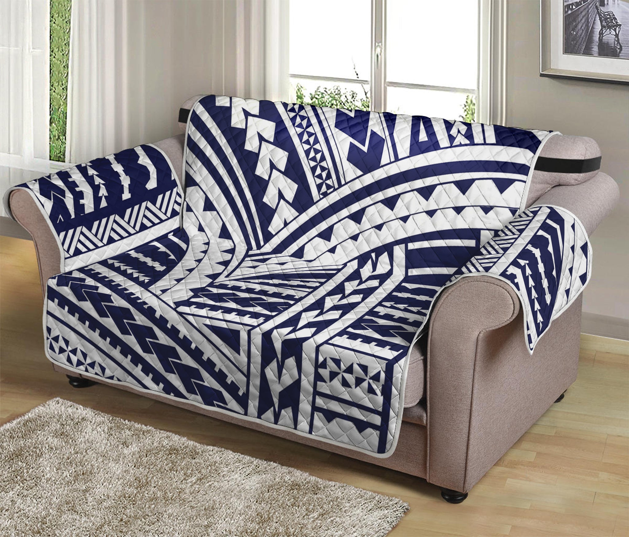 Blue Maori Polynesian Tattoo Print Loveseat Protector