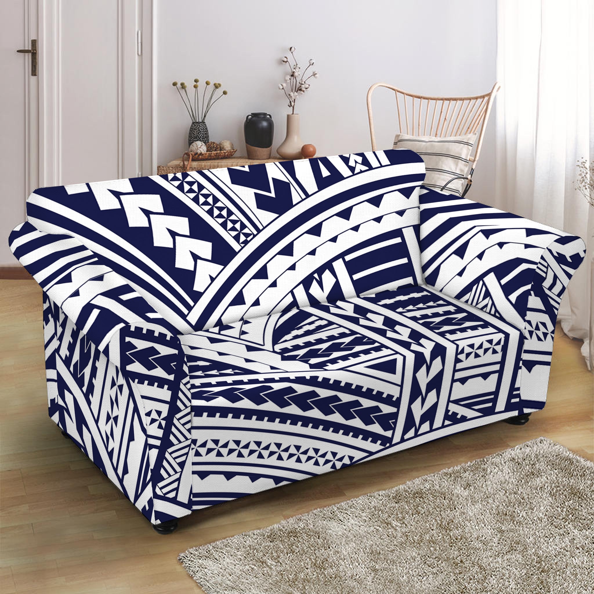 Blue Maori Polynesian Tattoo Print Loveseat Slipcover