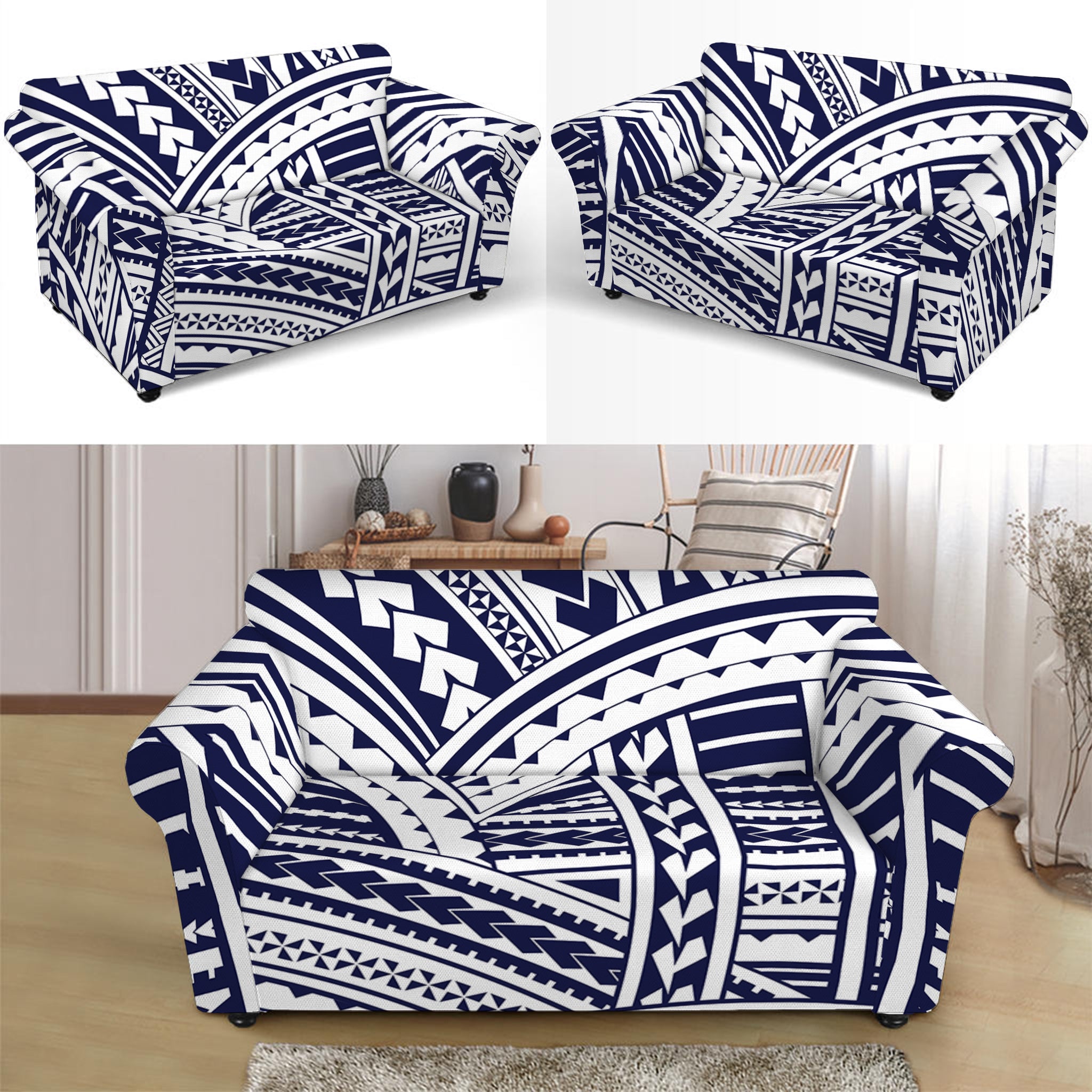 Blue Maori Polynesian Tattoo Print Loveseat Slipcover