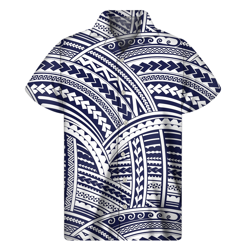 Blue Maori Polynesian Tattoo Print Men's Short Sleeve Shirt