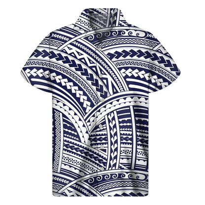 Blue Maori Polynesian Tattoo Print Men's Short Sleeve Shirt