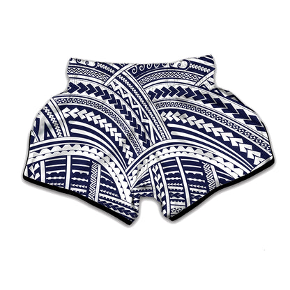 Blue Maori Polynesian Tattoo Print Muay Thai Boxing Shorts