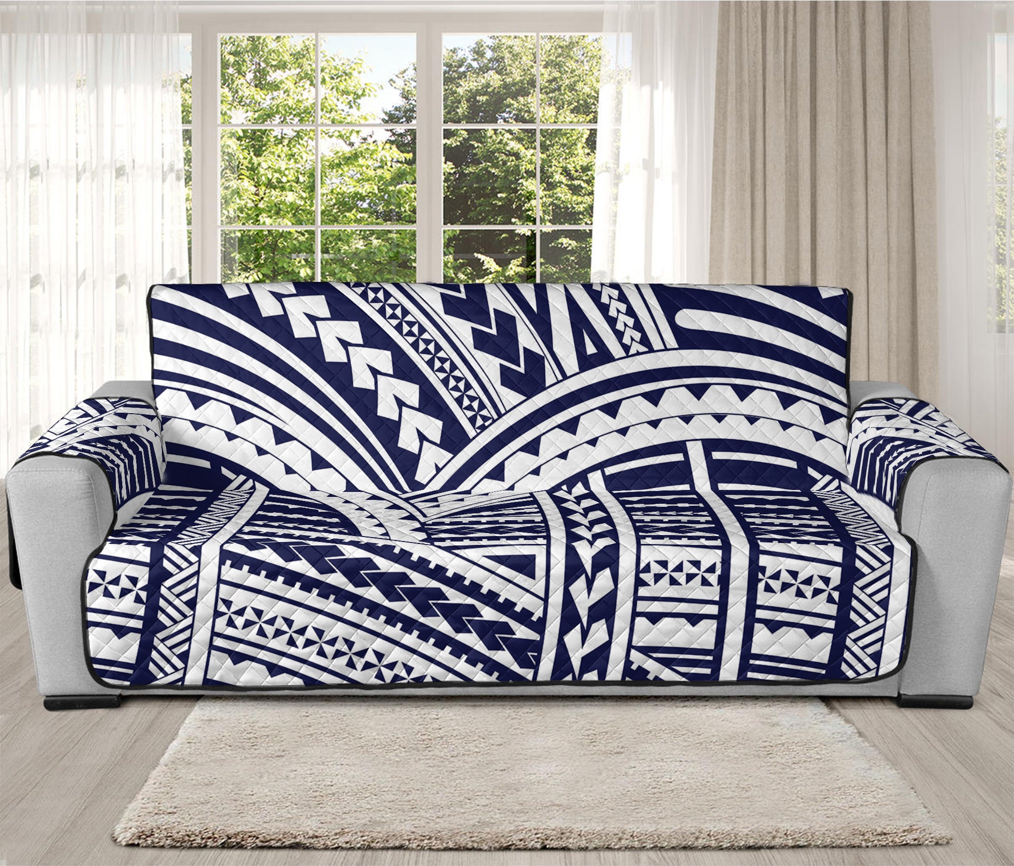 Blue Maori Polynesian Tattoo Print Oversized Sofa Protector