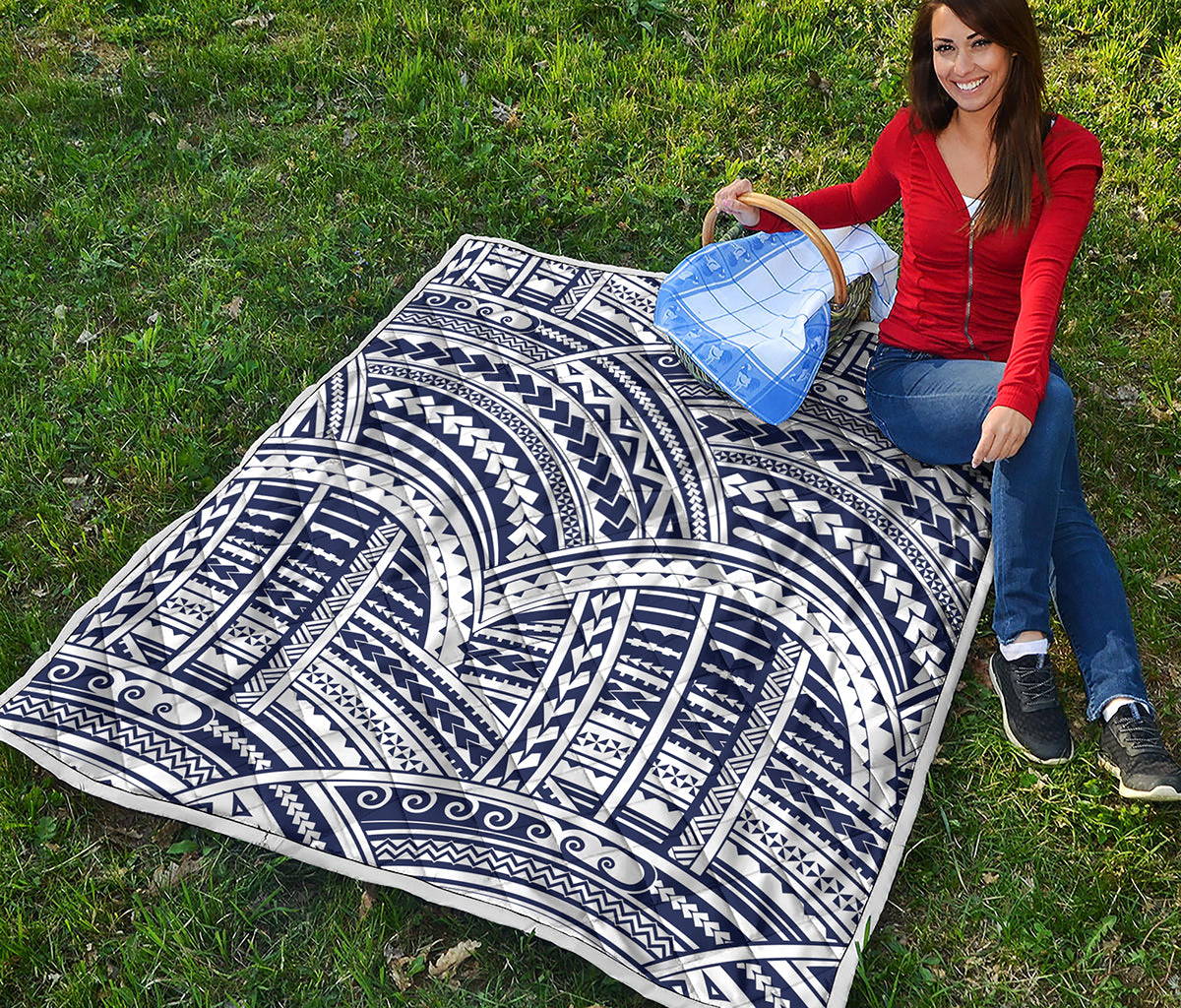 Blue Maori Polynesian Tattoo Print Quilt