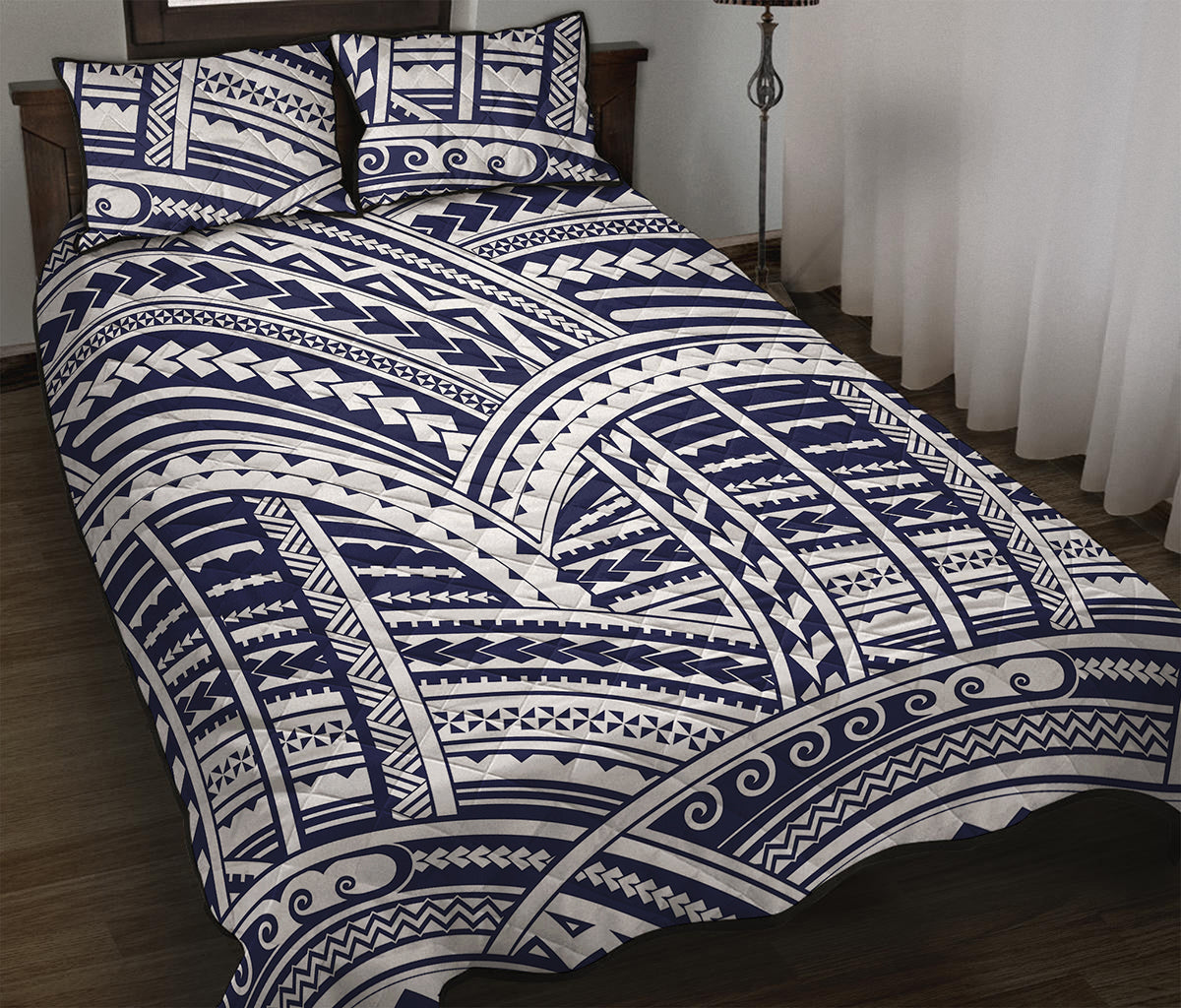 Blue Maori Polynesian Tattoo Print Quilt Bed Set