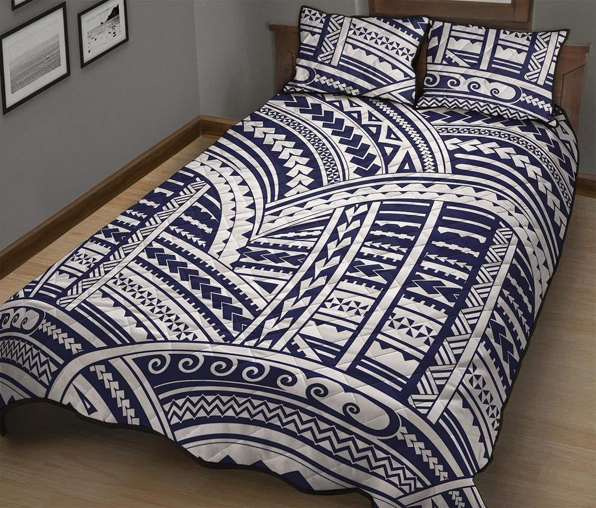 Blue Maori Polynesian Tattoo Print Quilt Bed Set