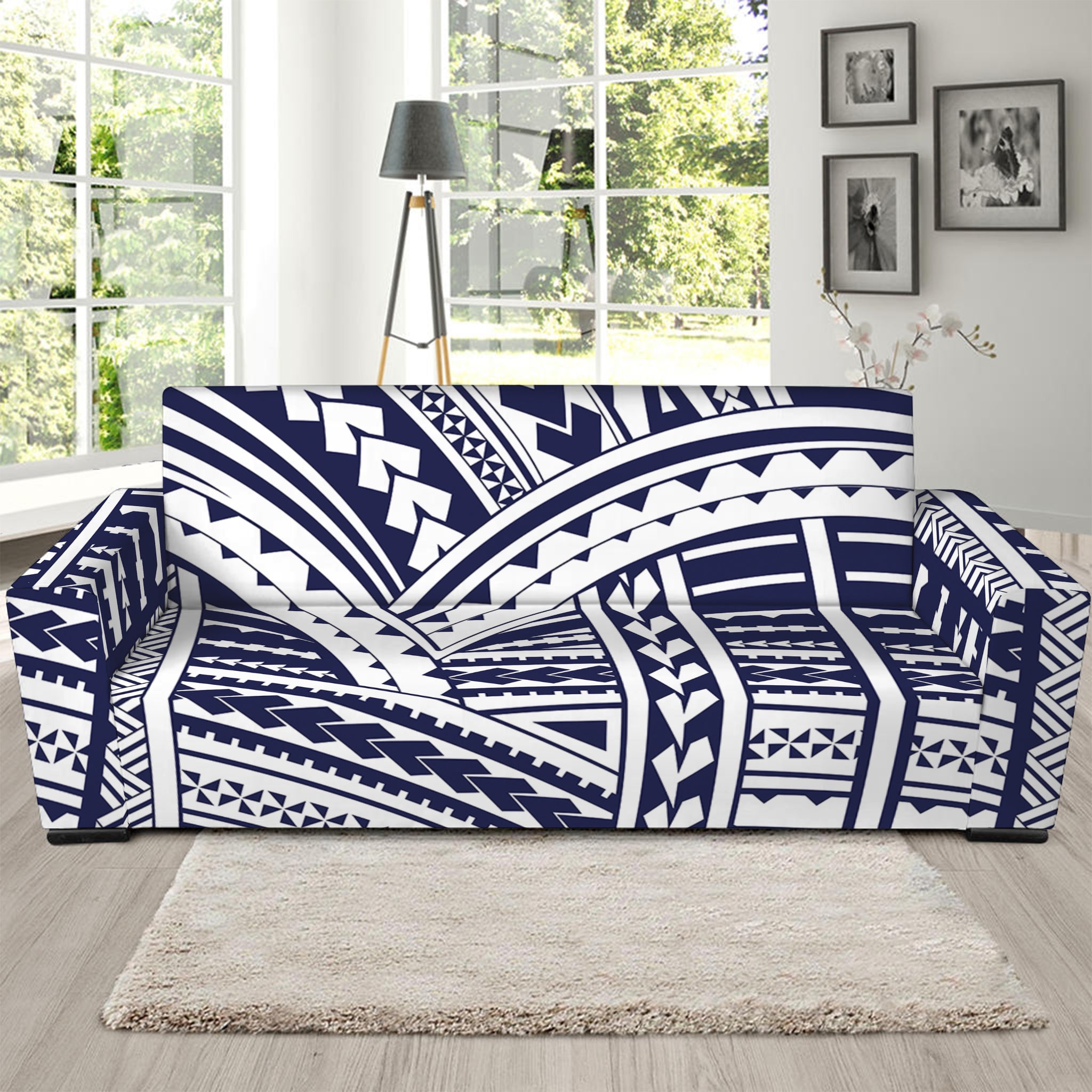 Blue Maori Polynesian Tattoo Print Sofa Slipcover