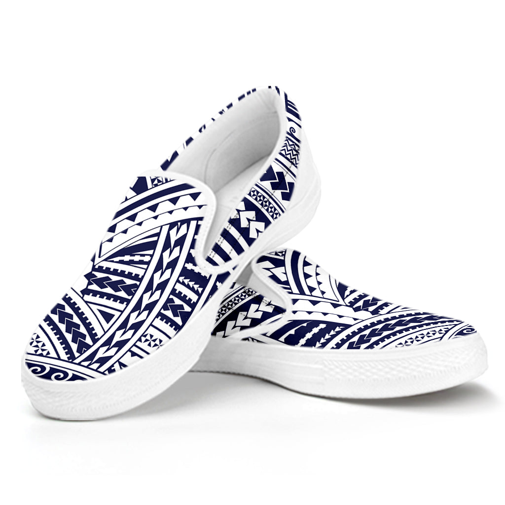 Blue Maori Polynesian Tattoo Print White Slip On Shoes