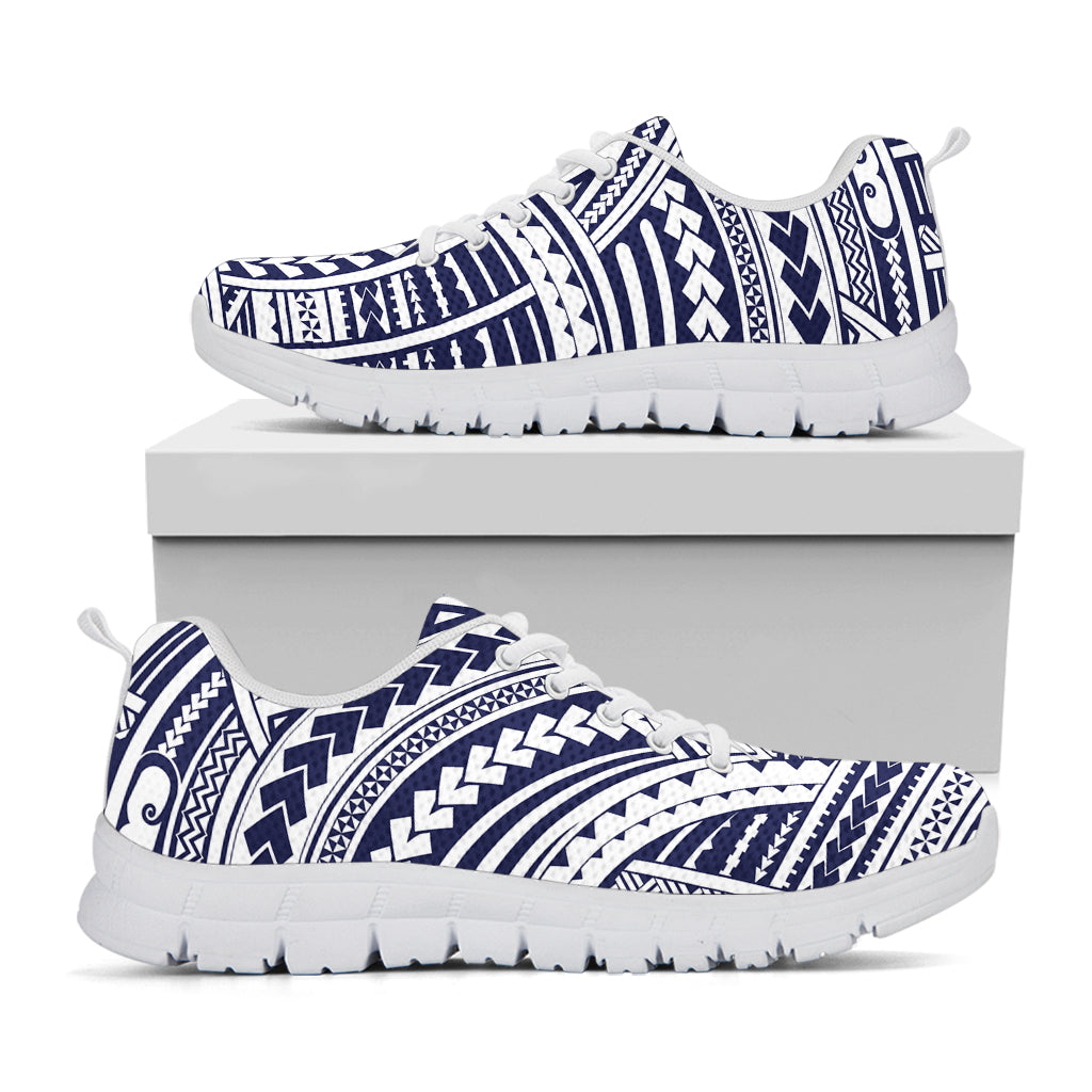 Blue Maori Polynesian Tattoo Print White Sneakers