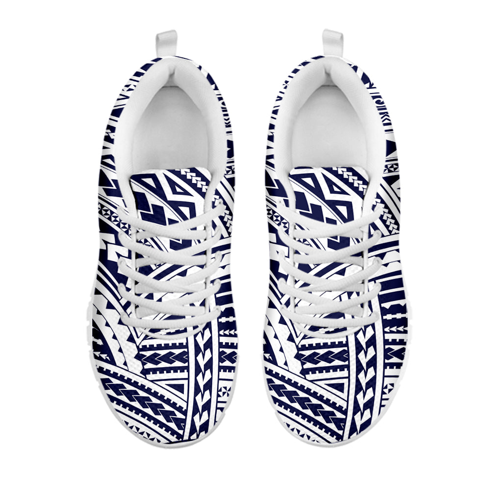 Blue Maori Polynesian Tattoo Print White Sneakers