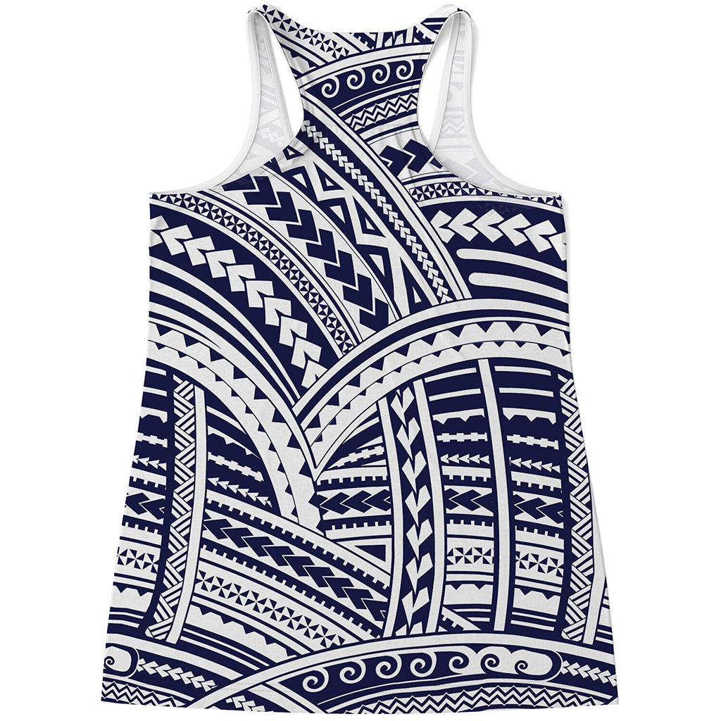 Blue Maori Polynesian Tattoo Print Women's Racerback Tank Top