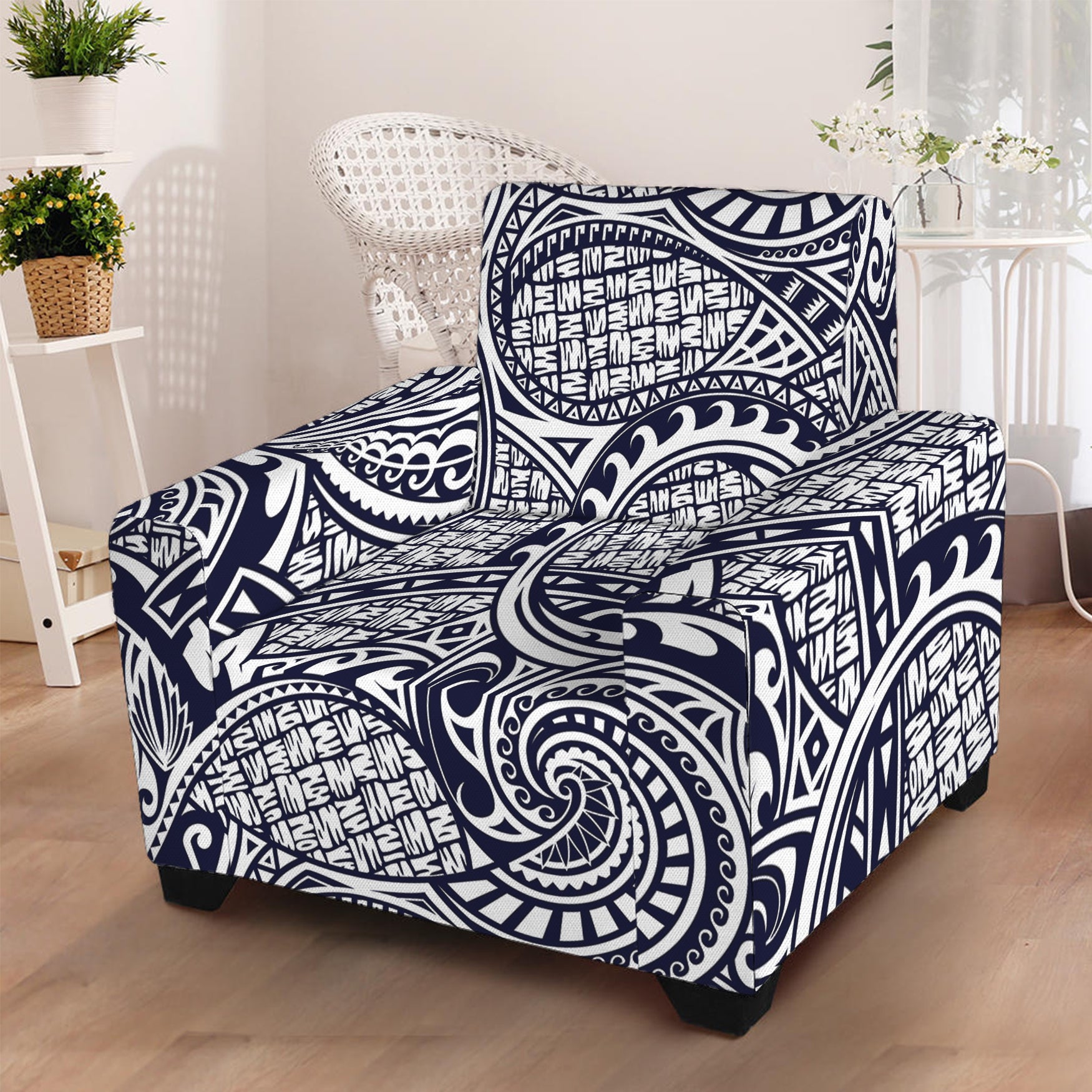 Blue Maori Polynesian Tribal Print Armchair Slipcover