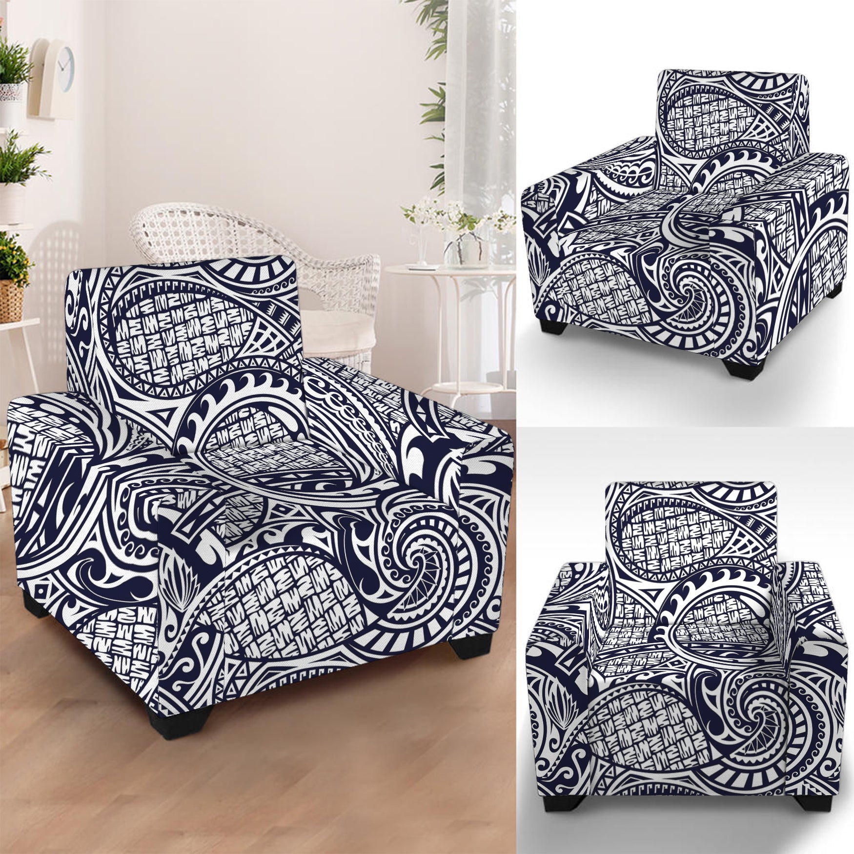 Blue Maori Polynesian Tribal Print Armchair Slipcover