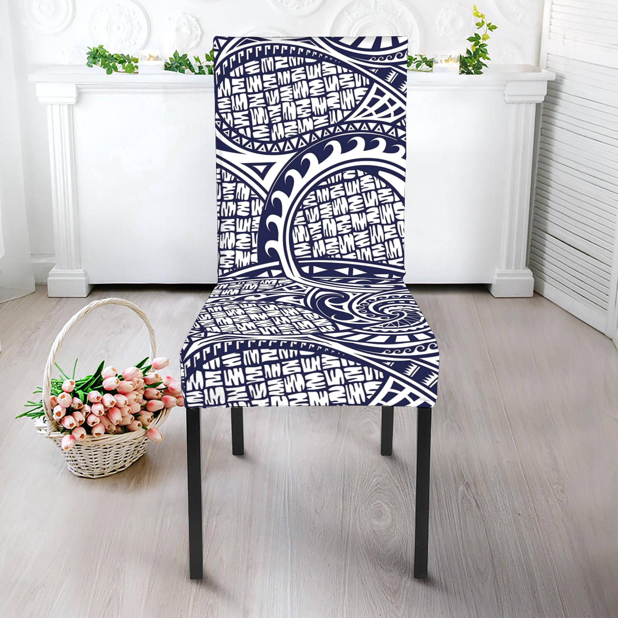 Blue Maori Polynesian Tribal Print Dining Chair Slipcover