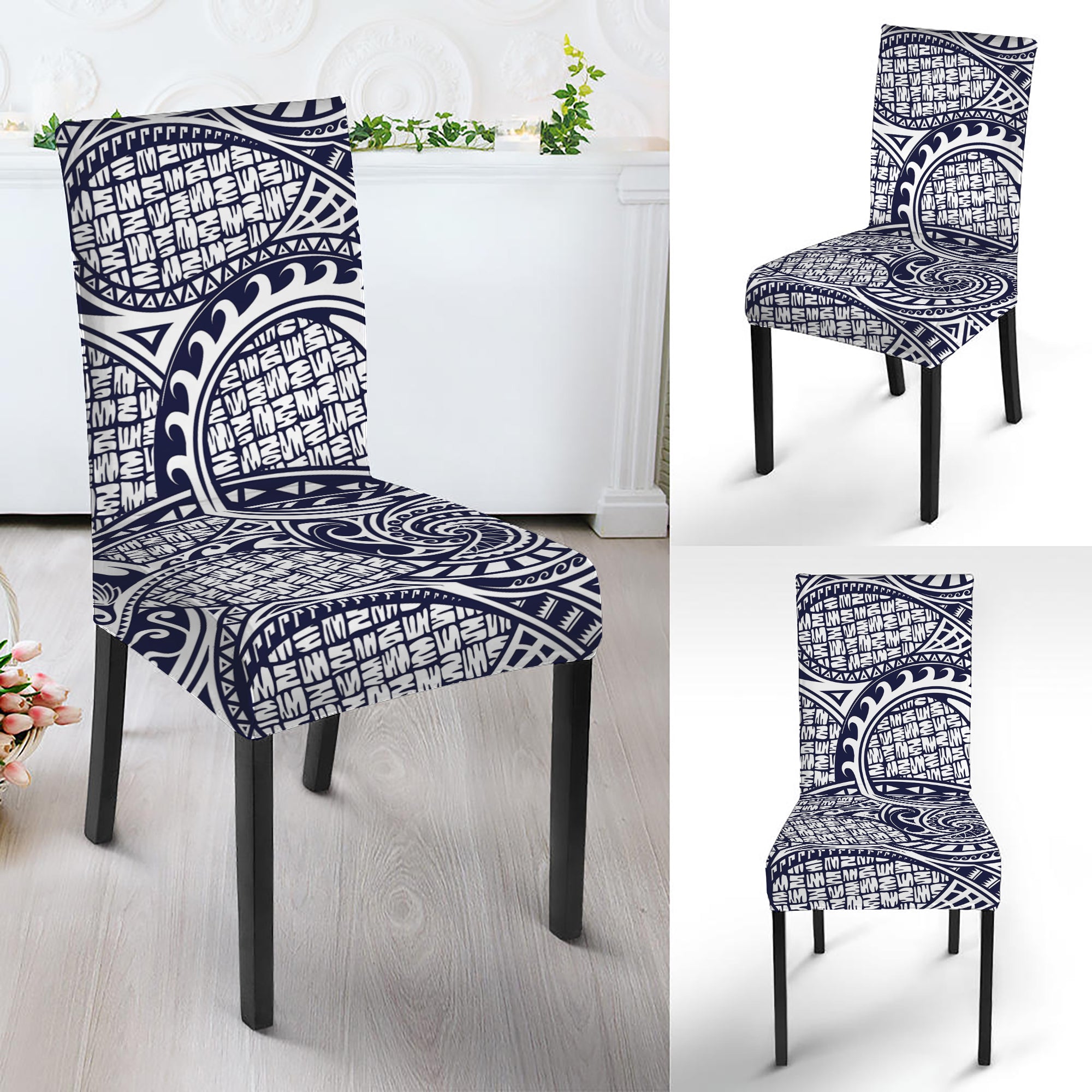 Blue Maori Polynesian Tribal Print Dining Chair Slipcover