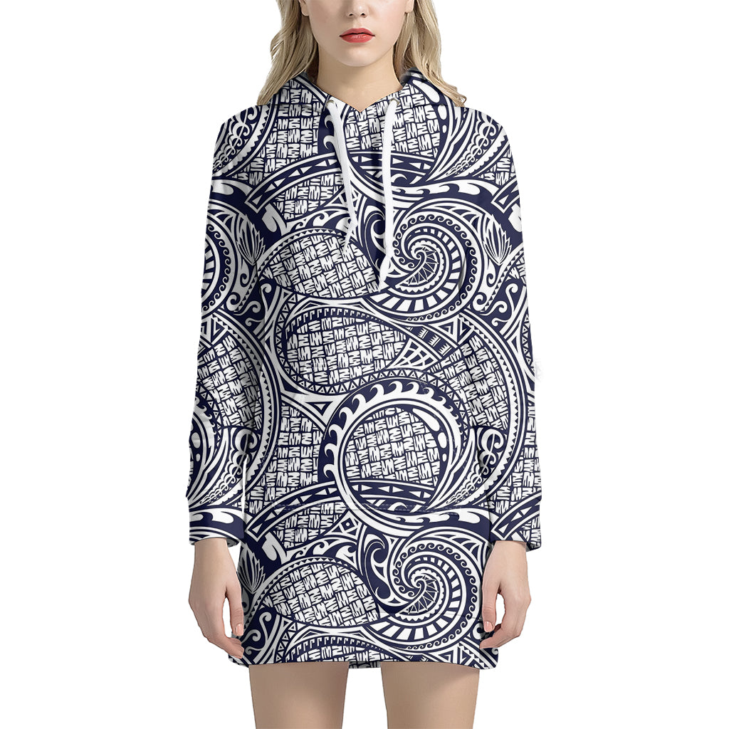 Blue Maori Polynesian Tribal Print Hoodie Dress