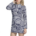 Blue Maori Polynesian Tribal Print Hoodie Dress