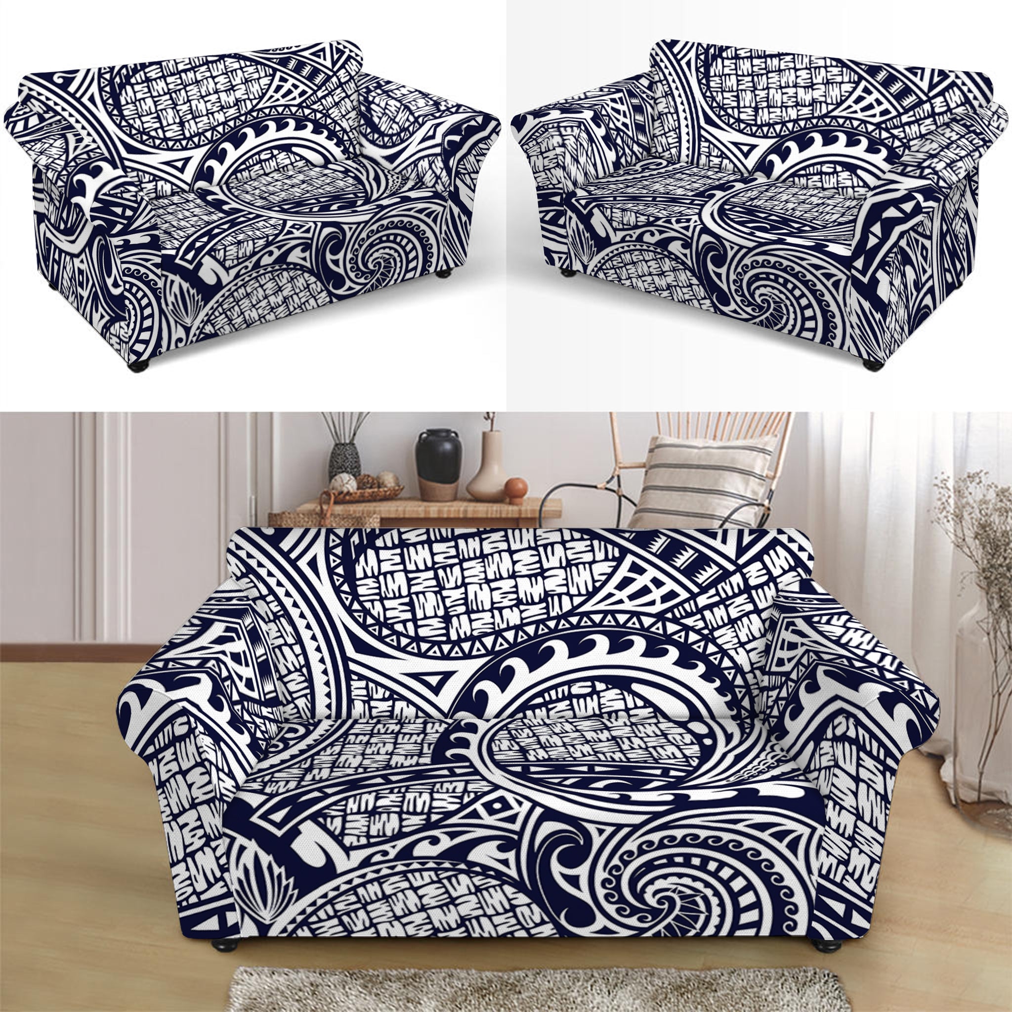 Blue Maori Polynesian Tribal Print Loveseat Slipcover