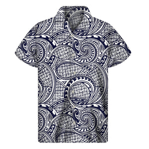 Blue Maori Polynesian Tribal Print Men's Short Sleeve Shirt