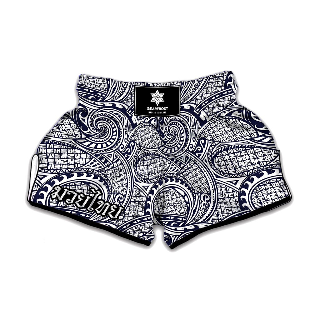 Blue Maori Polynesian Tribal Print Muay Thai Boxing Shorts