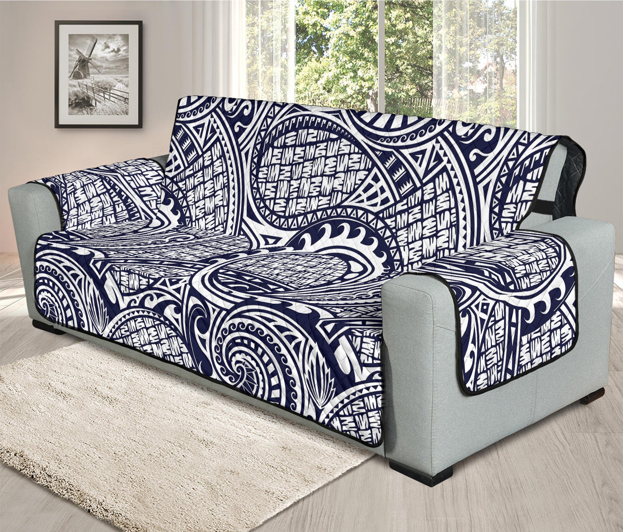 Blue Maori Polynesian Tribal Print Oversized Sofa Protector