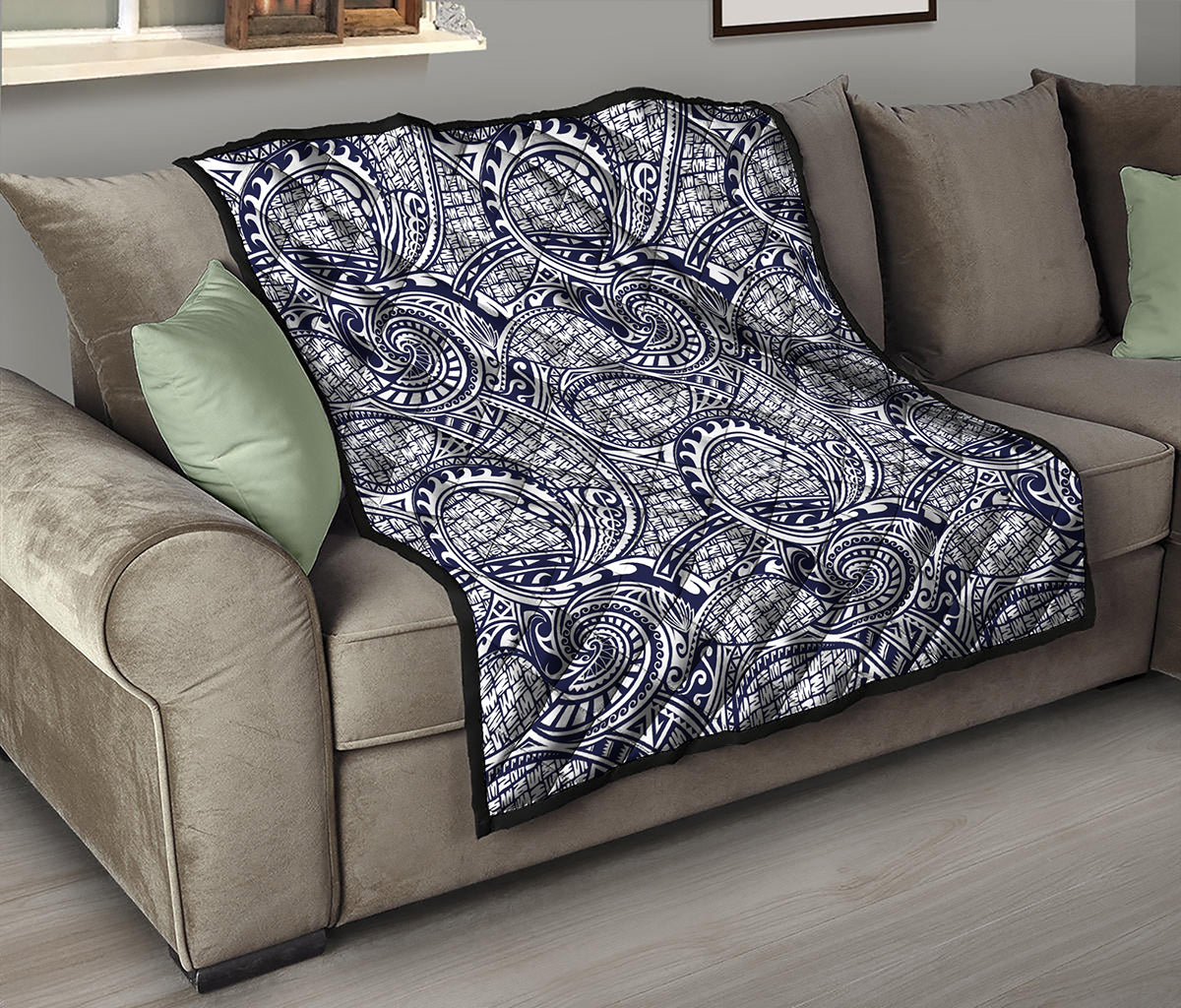 Blue Maori Polynesian Tribal Print Quilt
