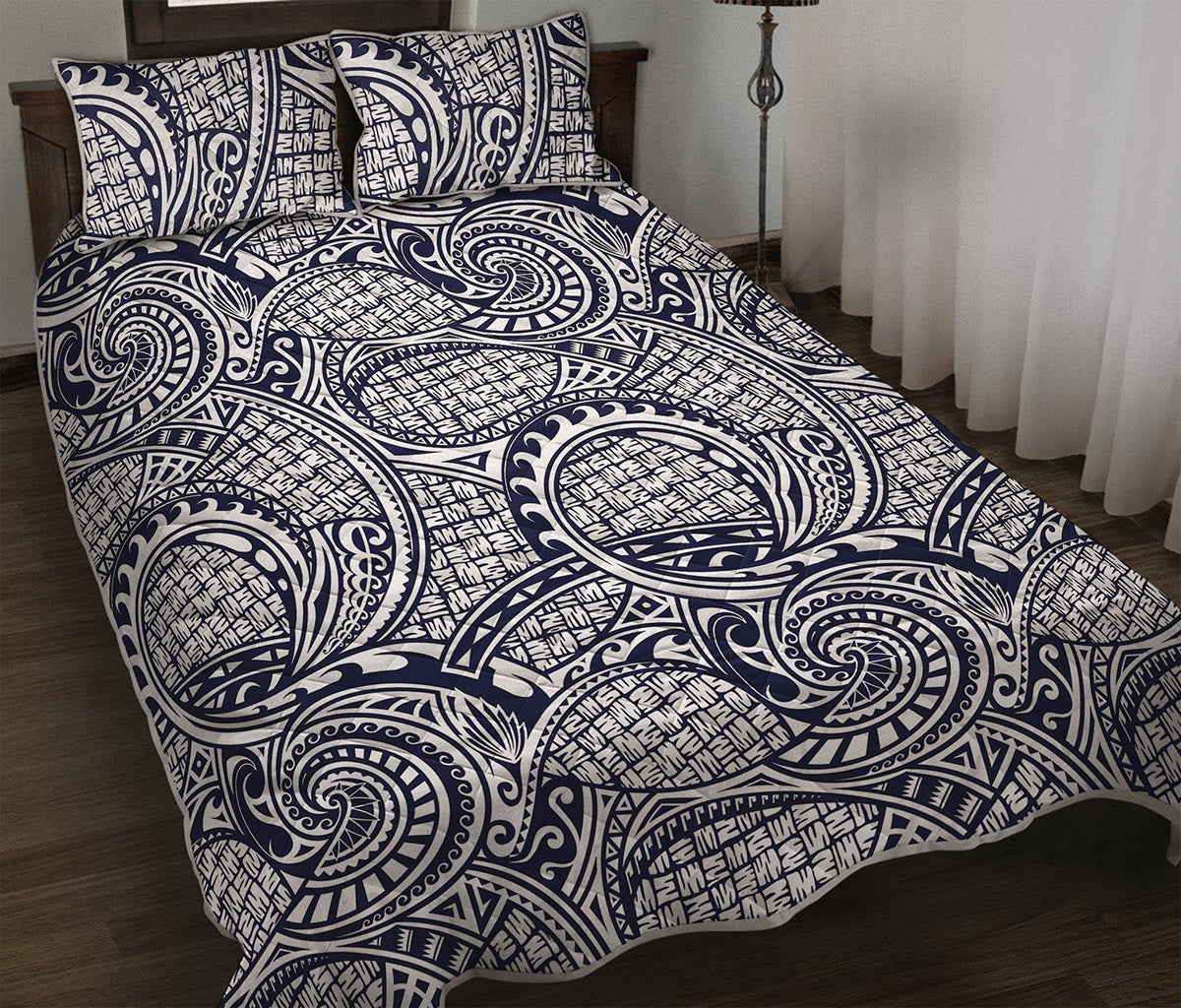 Blue Maori Polynesian Tribal Print Quilt Bed Set