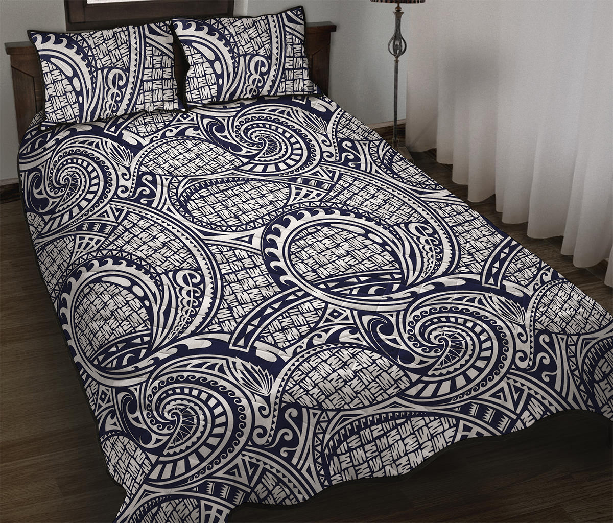 Blue Maori Polynesian Tribal Print Quilt Bed Set