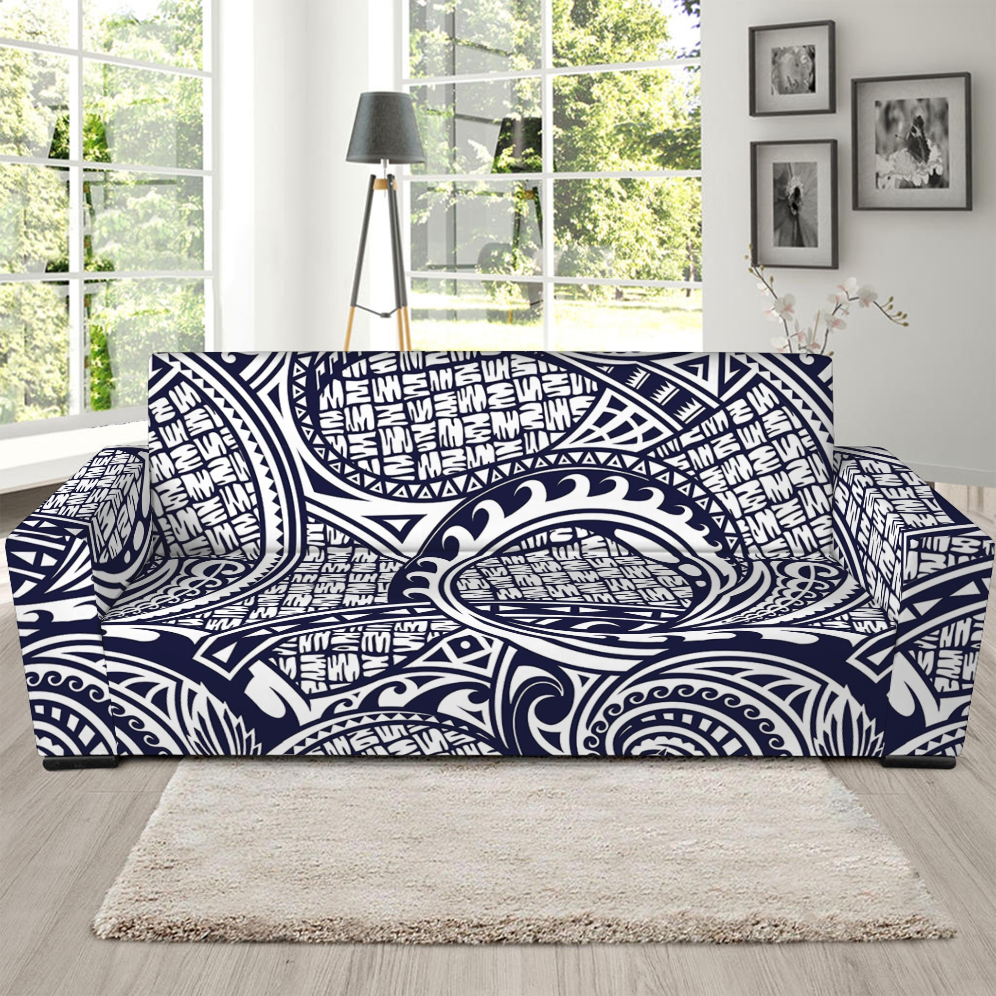 Blue Maori Polynesian Tribal Print Sofa Slipcover